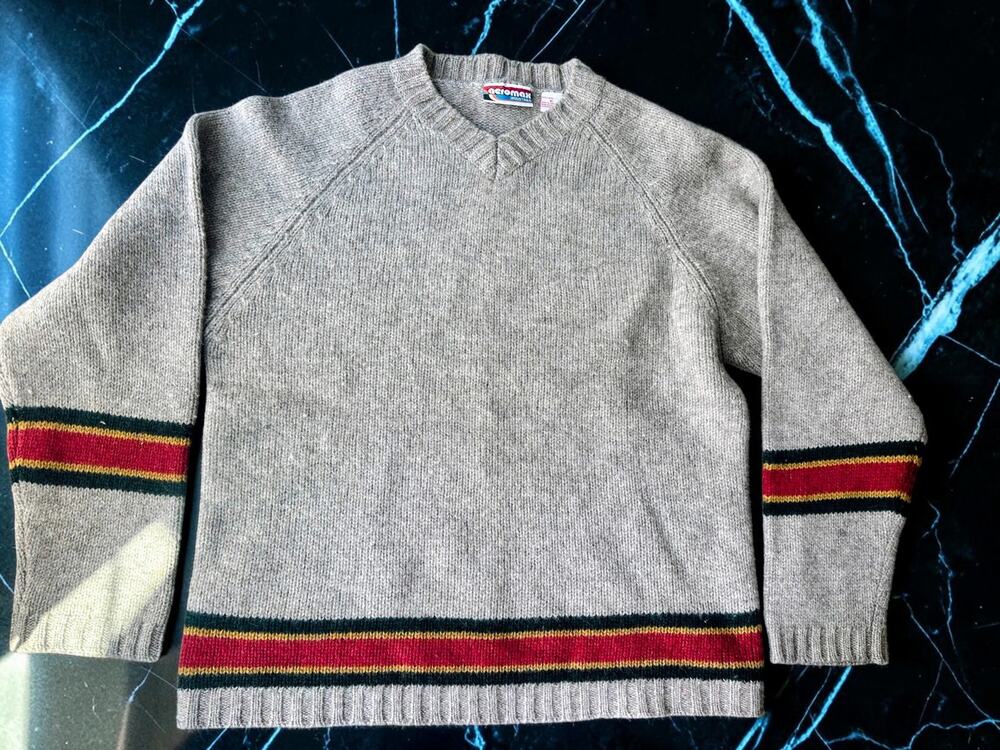 Vintage 90s Aeromax Industries Wool Sweater XL Gray Stripe Made Thailand